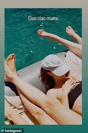 One photo showed Sunday sunbathing waterside while wearing a hat over her face