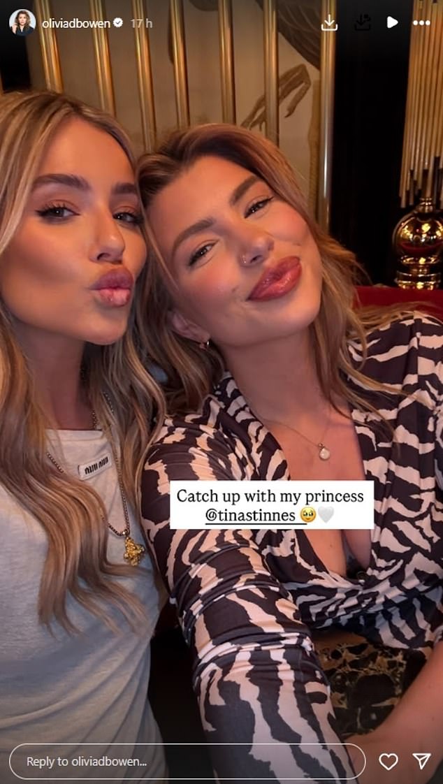 'Catch up with my princess @tinastinnes,' Olivia captioned a seflie of herself and Tina - before sharing the baby bump snap where she wrote: 'Took a bowling ball with me xx'