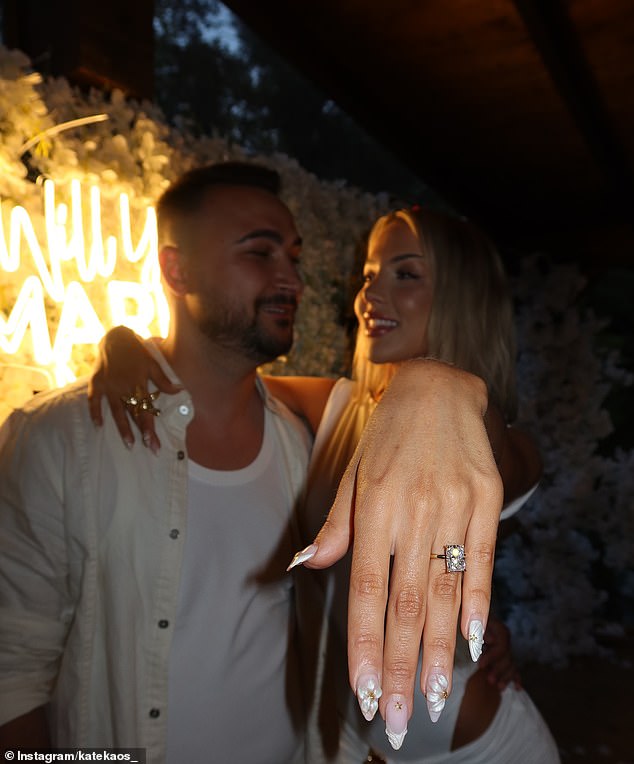 One photo showed the happy couple beaming as they huddled close after Borce popped the question. A clearly over the moon Kate was not shy about flashing her huge diamond sparkler to her 19,000 followers