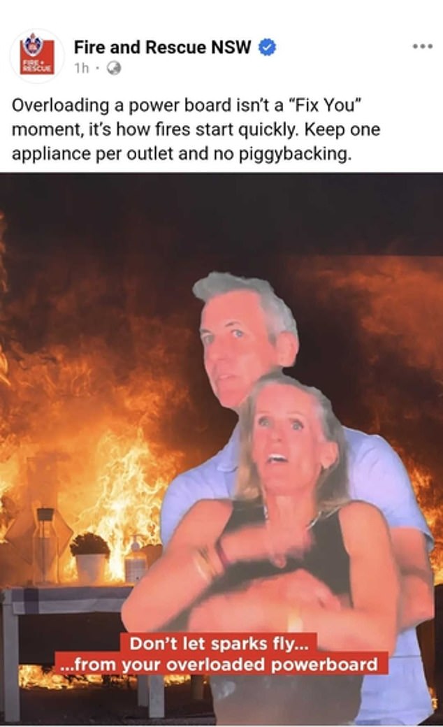 Not to be outdone, Fire and Rescue NSW posted the pair superimposed in front of a burning house, captioned: 'Don't let sparks fly¿ from your overloaded power board'