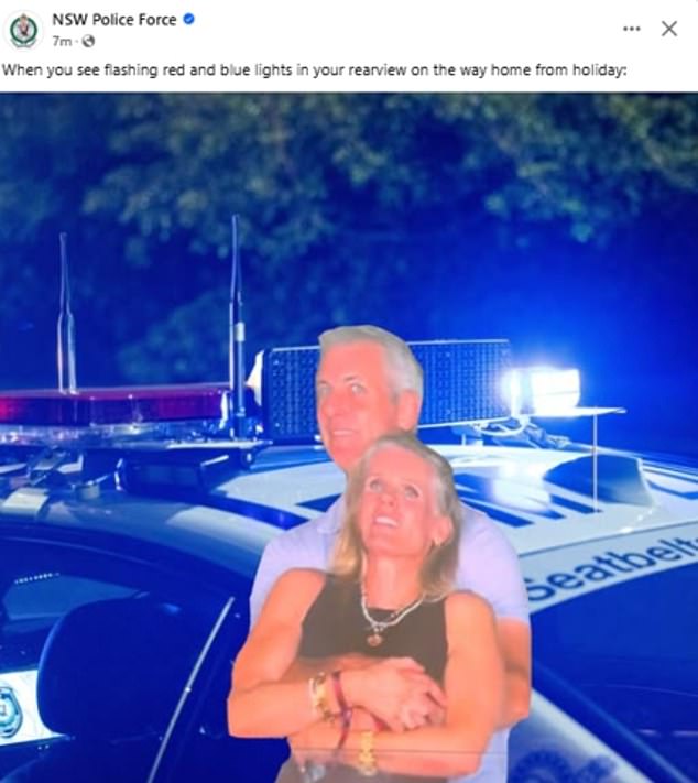 By Friday, Aussie emergency services were having some fun with it, using the now-famous image in a string of tongue-in-cheek social media posts. The NSW Police Force shared a photoshopped image of the stunned couple with a flashing police car behind them