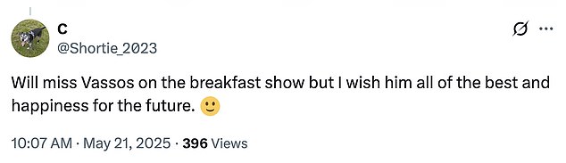 Fans were quick to take to social media to thank Vassos for his work on the show and to wish him all the best for the future
