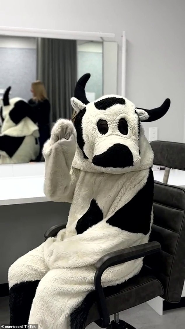 The affable TV veteran shared a side-by-side photo that showed the viral moment next to Larry looking very comfortable with the Sunrise Cash Cow (pictured)