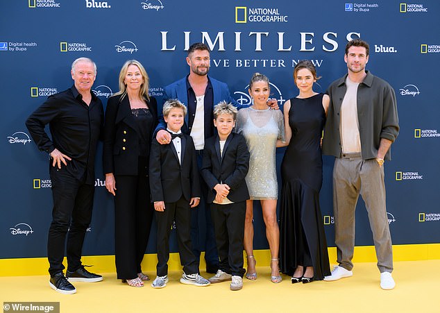 On Thursday, the couple (centre) reunited in London at the premiere of Chris' new National Geographic series, Limitless: Live Better Now, with twin sons, Tristan and Sasha, 11 (pictured front)