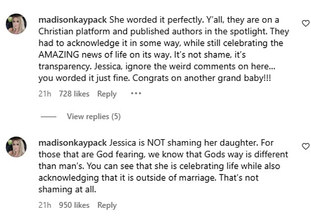 Others praised Jessica for maintaining her Christian beliefs and congratulating her daughter