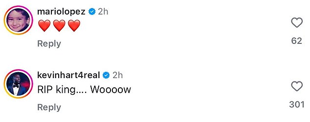 Other stars took to social media to express their shock and grief, including Ricki Lake, Jennie Garth, Patti LaBelle and Mario Lopez, who shared broken heart emojis