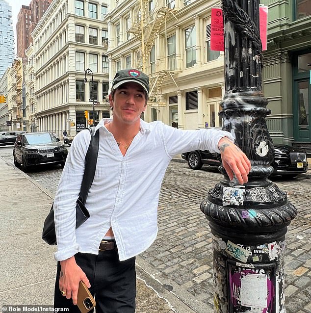 Portman's younger onscreen leading man - a Brooklyn hipster - will be played by Gen-Z singer Role Model (born Tucker Pillsbury) who, at 28, is 16 years her junior (pictured May 5)