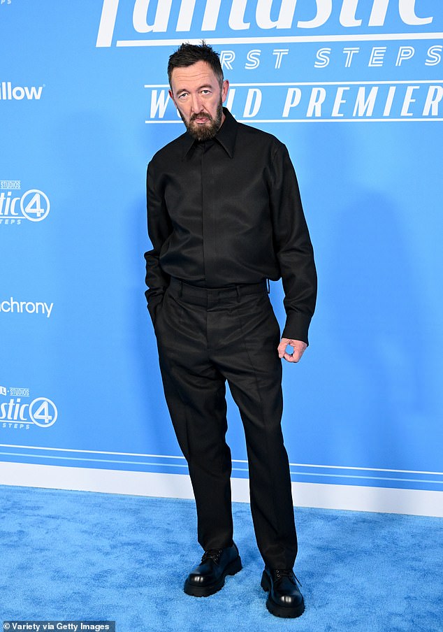Ralph Ineson - who plays Galactus - wore a black silk shirt with matching trousers and chunky Oxfords without a belt or necktie