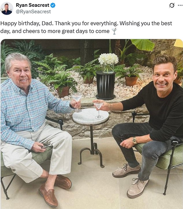 Ryan posted this picture of himself and his father toasting each other with martinis two years ago, in celebration of Gary's 77th birthday