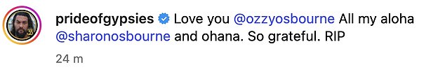Jason Momoa paid emotional tribute to Ozzy Osbourne following his death aged 76 on Tuesday morning