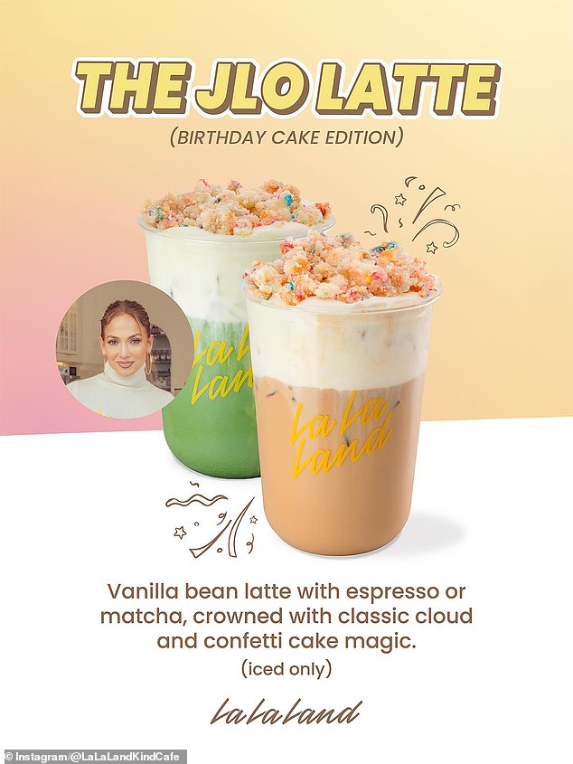 'How sweet is this!!! @LaLaLandKindCafe has a JLo Birthday Cake Latte that they created just for my birthday. I had so much fun making it! 'Starting tomorrow, July 24, head to any La La Land café and enjoy a sweet birthday treat with love from me and La La Land @francois'