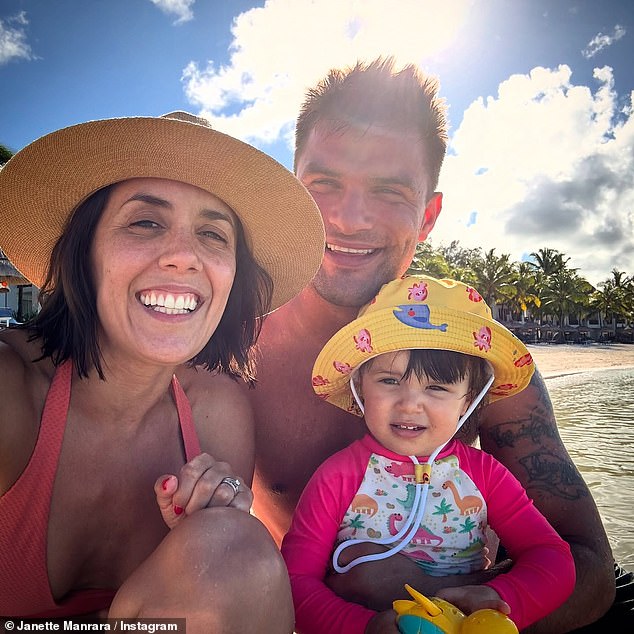 The It Takes Two host shares the two-year-old with husband and fellow show dancer Aljaž Škorjanec, 35 (pictured as a family)
