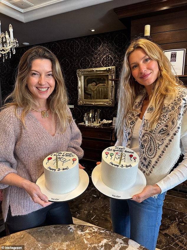 Gisele's son joined her as she celebrated her 45th birthday with family members. Among them was her fraternal twin sister Patricia (L), who beamed while posing with Gisele as they held matching birthday cakes