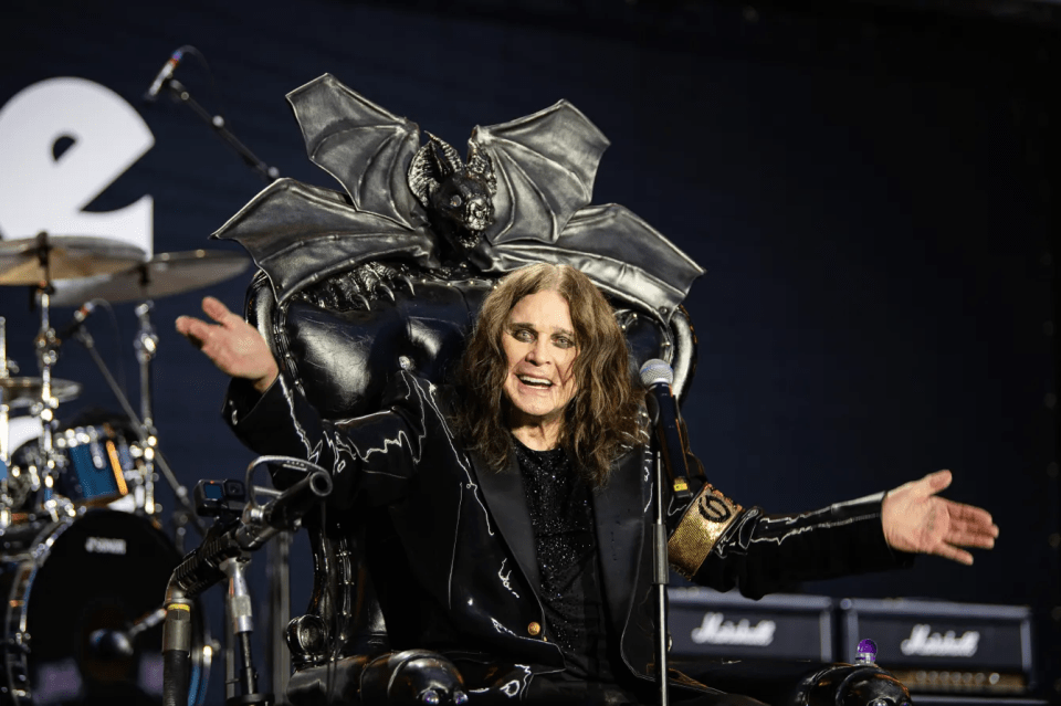 Ozzy Osbourne seated on a bat-winged throne.
