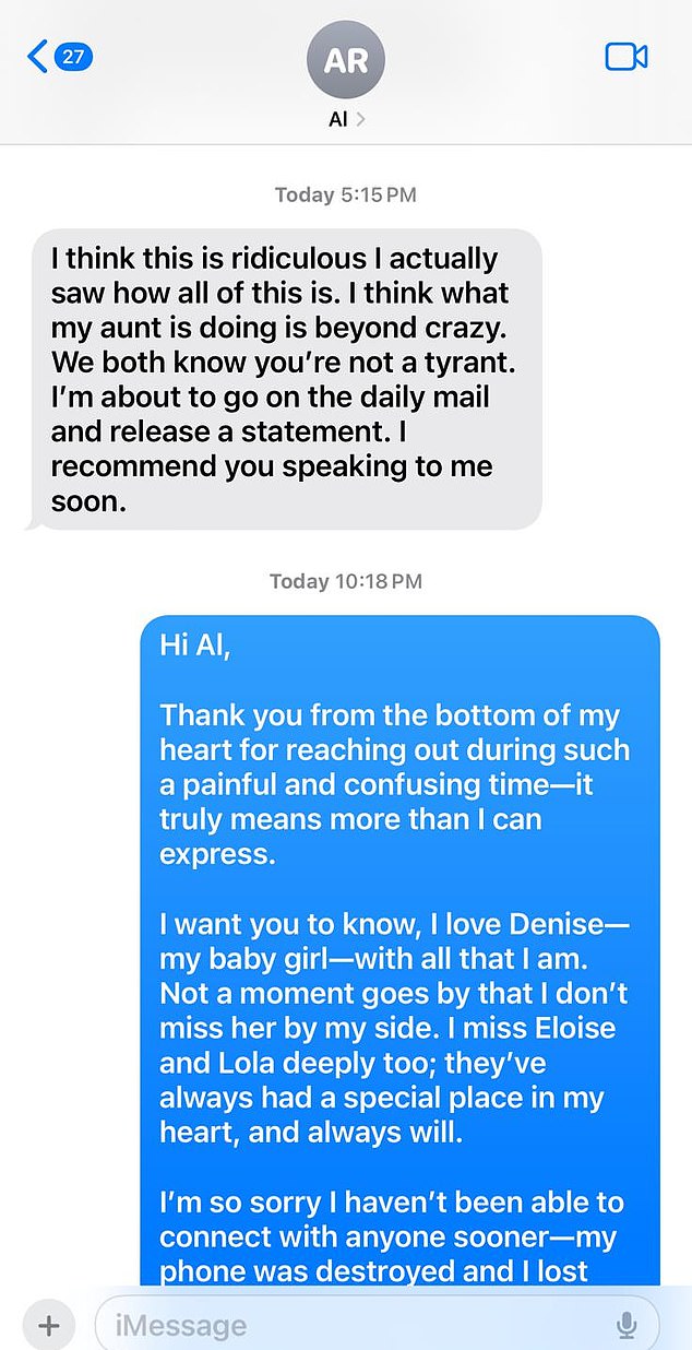 Phypers shared an alleged text exchange he had with Richards's nephew after he sent the letter, who described his aunt's behavior as 'beyond crazy'