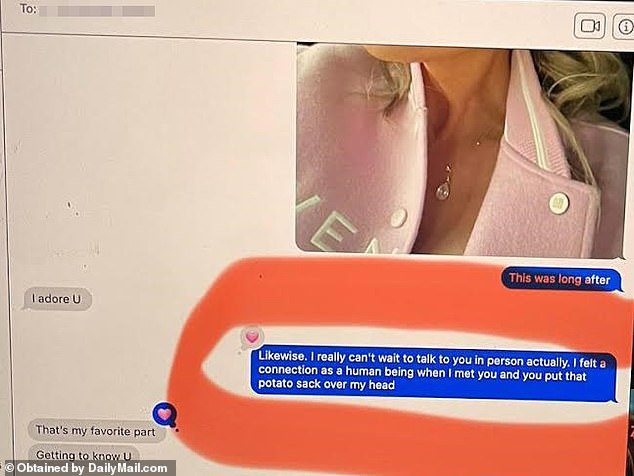 The texts Phypers claims are from Richards also include a memorably bizarre exchange in which Richards told her lover that she 'felt a connection' when 'I met you and you put that potato sack over my head'