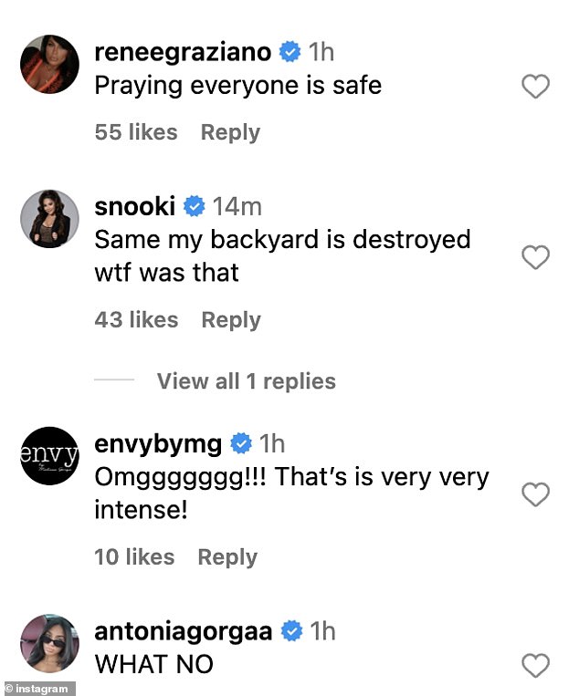 Fellow New Jersey residents rushed to the comments, with Jersey Shore alum Snooki posting, 'Same. My backyard is destroyed. WTF was that?'