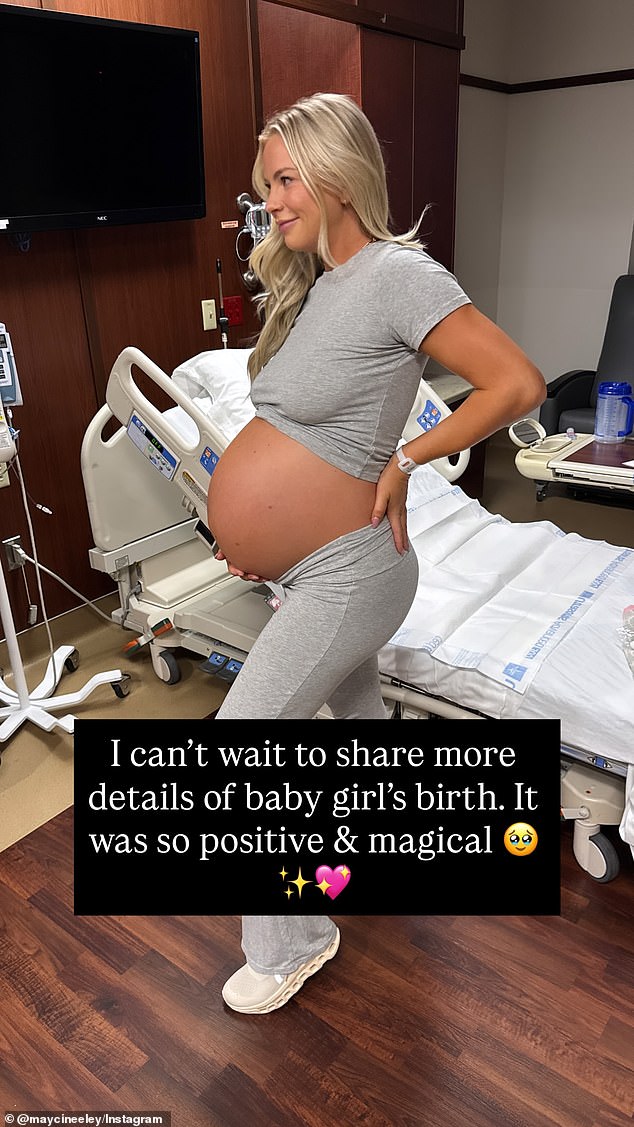 She also displayed her bare bump prior to giving birth as she promised more details about her bundle of joy in the future