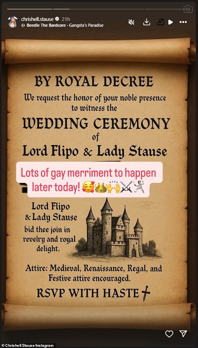 The bride and groom's invite read: 'By royal decree, we request the honor of your noble presence to witness the wedding ceremony of Lord Flipo & Lady Stause. Lord Flipo & Lady Stause bid thee join in revelry and royal delight. Medieval, renaissance, regal, and festive attire encouraged. RSVP with haste!'