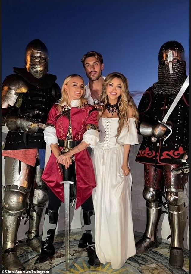 Celebrity hairstylist Chris Appleton (M) Instastoried snaps of the Kentucky-born 44-year-old wearing her off-the-shoulder corseted bridal gown and the Australian 31-year-old dressed in a regal red prince costume
