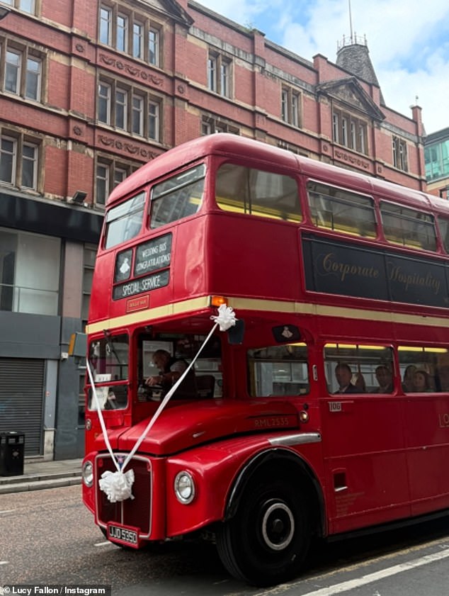 After the cathedral ceremony, guests got into a vintage red double-decker bus to travel to the venue for the evening celebrations