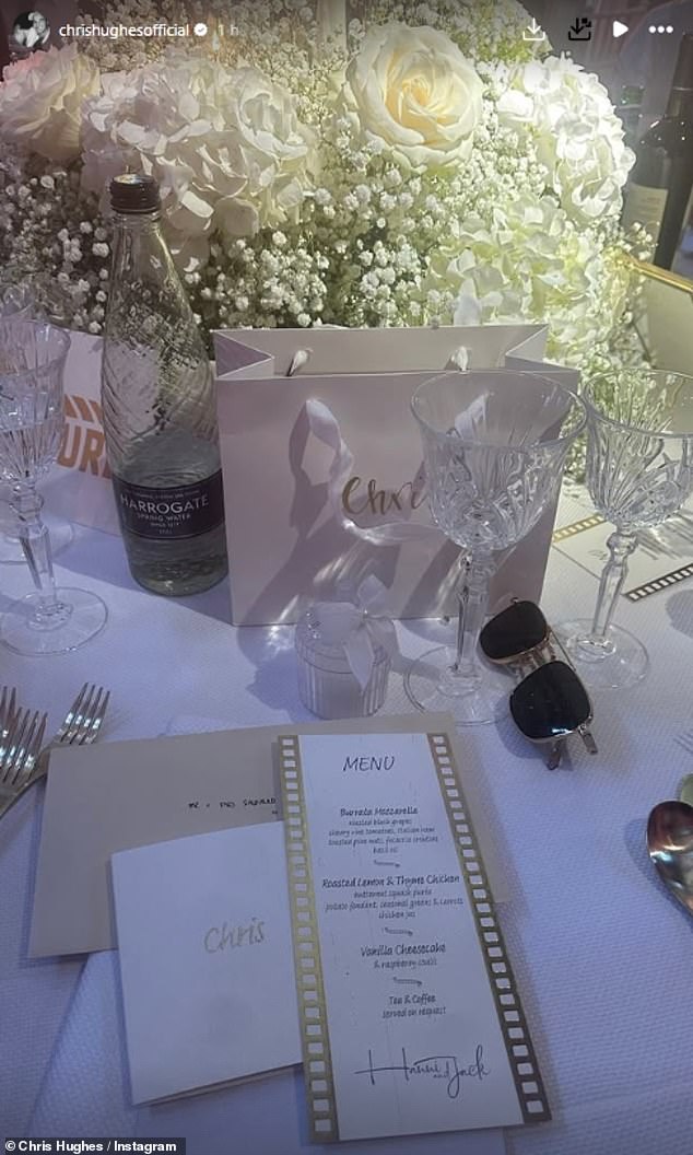 Jack's Celebrity Big Brother co-star Chris Hughes was among the guests, and gave an insight into the menu for the meal, which consisted of burata, lemon and thyme chicken and cheesecake
