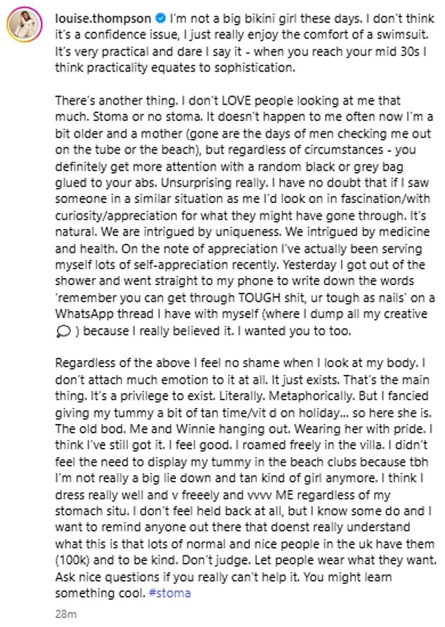 Louise went on to say that she feels confident having her stoma on show now, but gave advice to those unfamiliar with them to 'be kind'