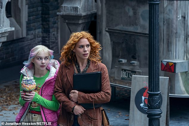 Now, Netflix has unveiled Billie, 42, as Isadora Capri - a captivating new character at Nevermore Academy, where she serves as the school's head of music (pictured with Emma Myers)