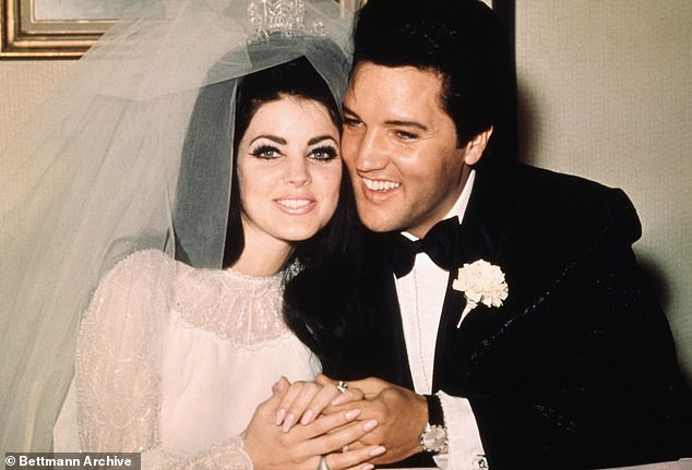 Priscilla is pictured with Elvis Presley on the wedding day in 1967
