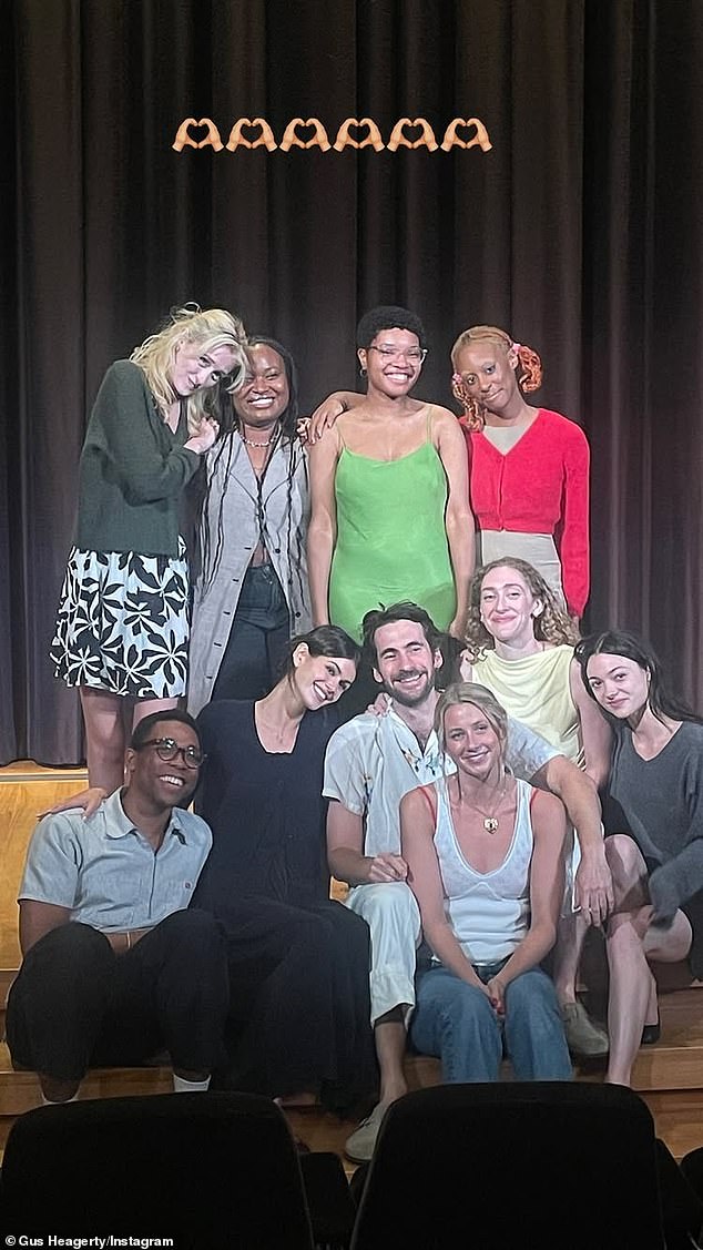 At one point, Kaia intimately touched the shoulder of director Gus Heagerty (M) and leaned her head towards his while posing with the cast onstage The Clark Art Institute's Auditorium
