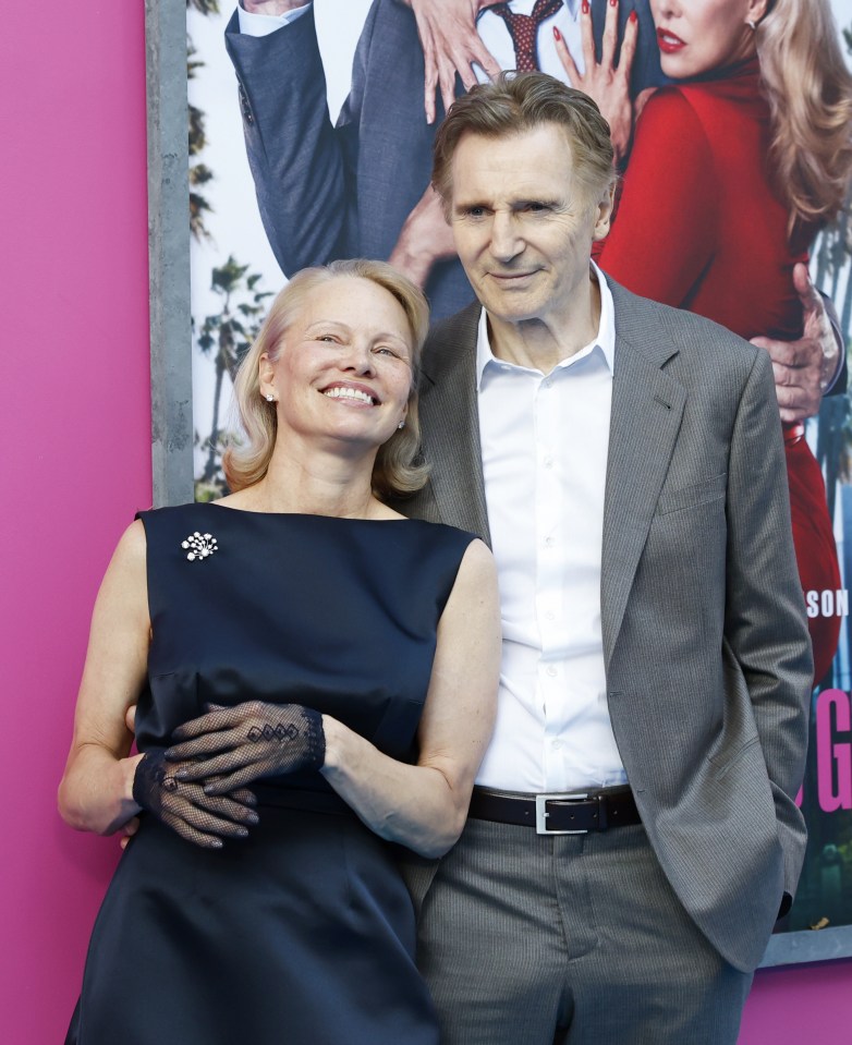 Pamela Anderson and Liam Neeson at the "Naked Gun" premiere.