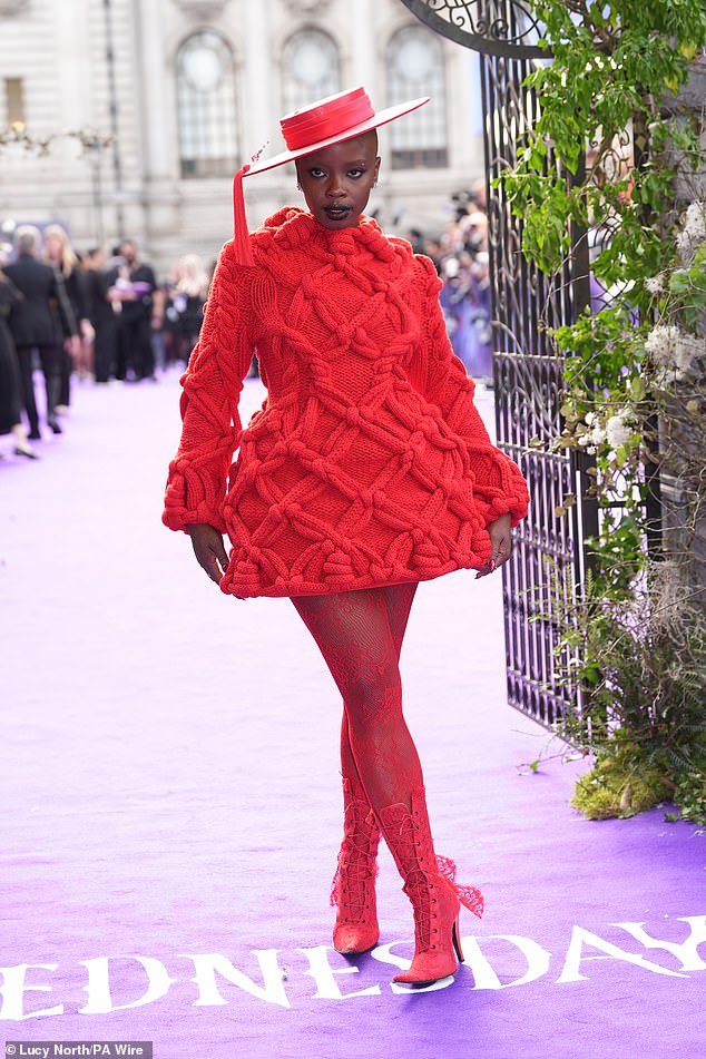 Joy Sunday, who stars as Bianca Barclay, wore a quirky knitted dress with lace stockings