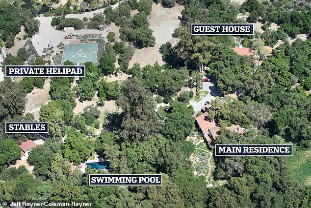 For solace, the actor has been residing on his ranch near Westlake Village and Los Angeles County's western border that includes a Spanish colonial-style home, guest house, golf green, a sizable chicken coop, large circular fire pit, water fountain, hiking trails and private helipad