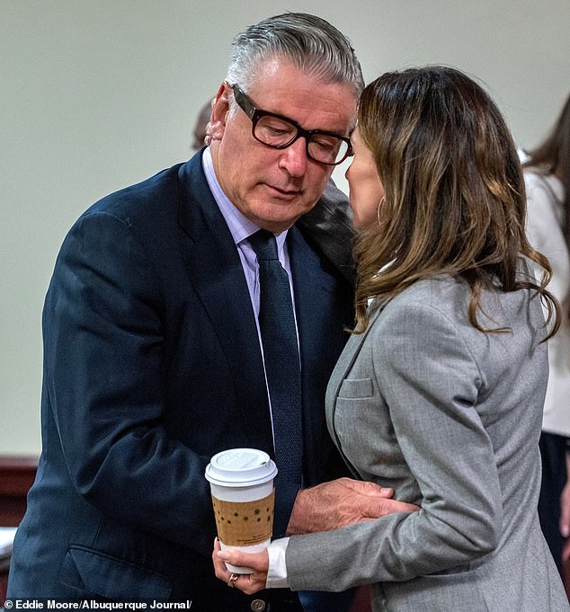 Baldwin went on trial for involuntary manslaughter in July 2024, but only three days in the judge dismissed the case permanently after it was discovered the prosecutors had failed to turn over potentially exculpatory evidence to Baldwin's defense team; seen July 12 with wife