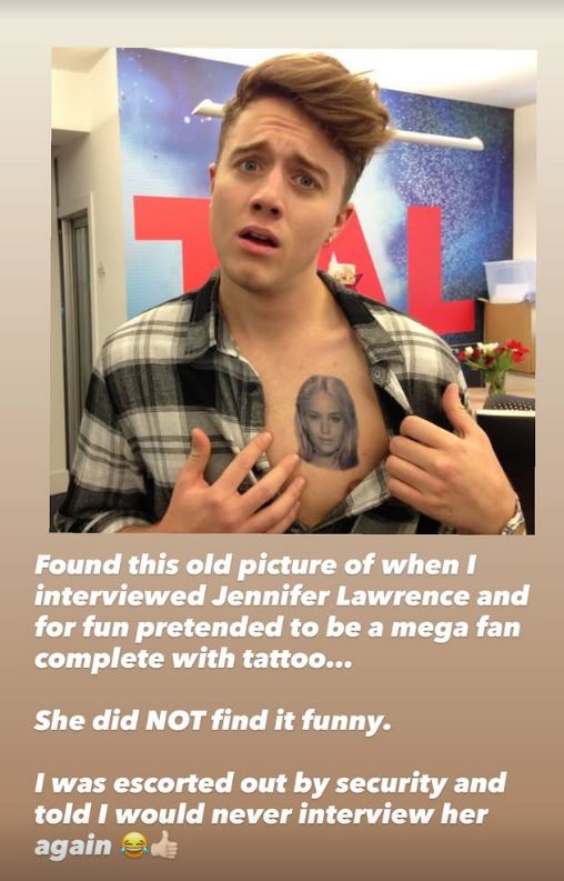 Photo of Roman Kemp with a fake Jennifer Lawrence tattoo on his chest.