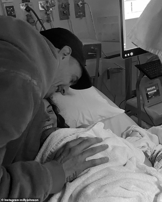 Milly Johnson has welcomed her third child with partner Justin Hart. Both pictured
