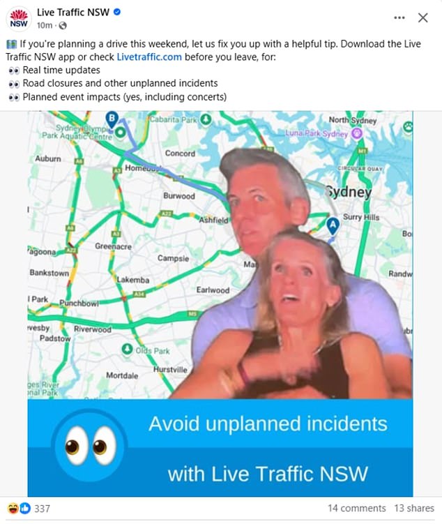Live Traffic NSW also got in on the action, placing the image over a Sydney traffic map with an amusing caption