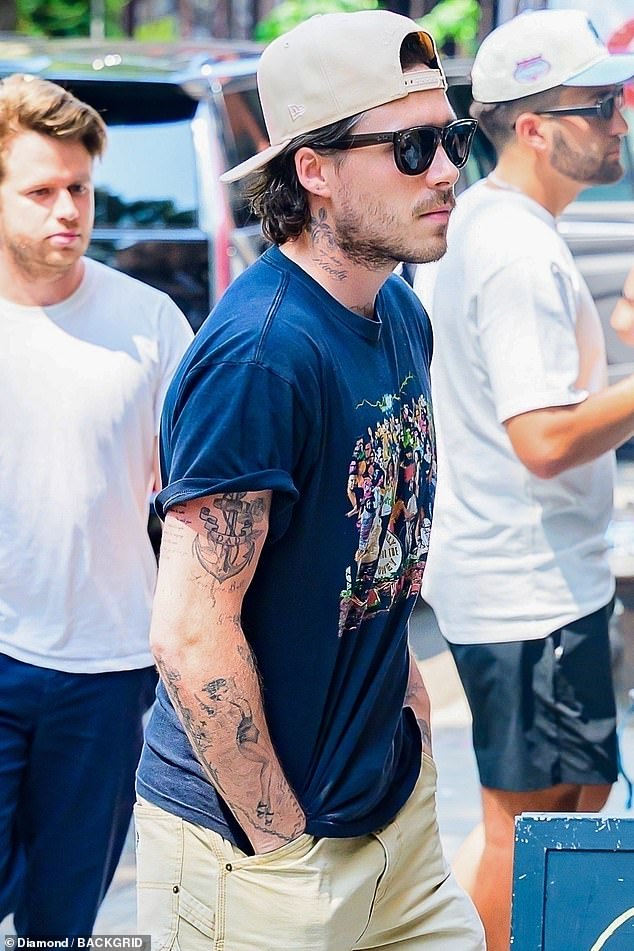 Brooklyn Beckham was spotted with his wife Nicola Peltz and her mother Claudia on an outing in New York after spending time on a superyacht in St Tropez last week
