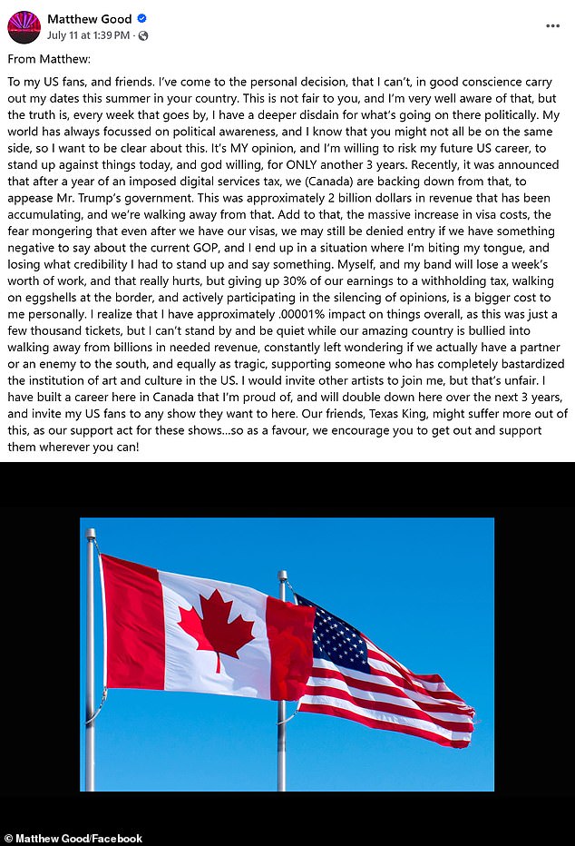Good said Trump's U.S.-Canada relations have caused him to cease touring in the states