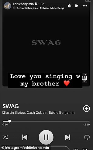'Love singing with my brother,' Eddie wrote as he        shared the song Swag to his Stories