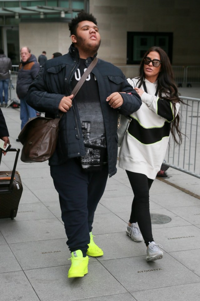 LONDON, ENGLAND - FEBRUARY 06: Katie Price and her son Harvey Price seen leaving BBC TV studios after appearing on Victoria Derbyshire TV showsighting on February 06, 2019 in London, England. (Photo by Ian Lawrence/GC Images)
