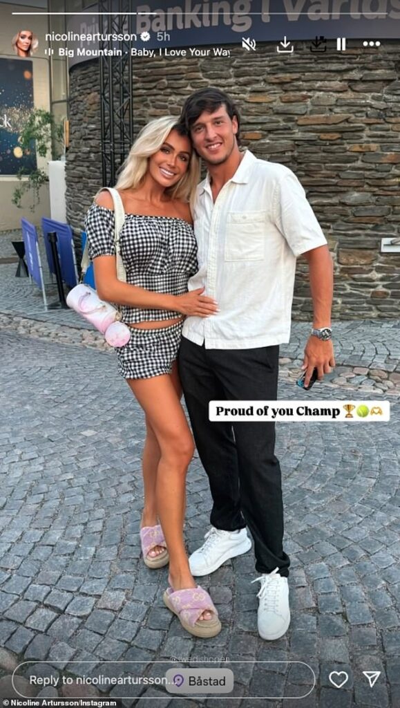 James Argent 's ex Nicoline Artursson, 32, sparked romance rumours as she cosied up to Italian tennis player Lucianco Darderi, 23, on Saturday, following a turbulent few months