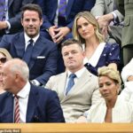 Jamie Redknapp is seen in the royal box with his wife Frida on day six at Wimbledon today