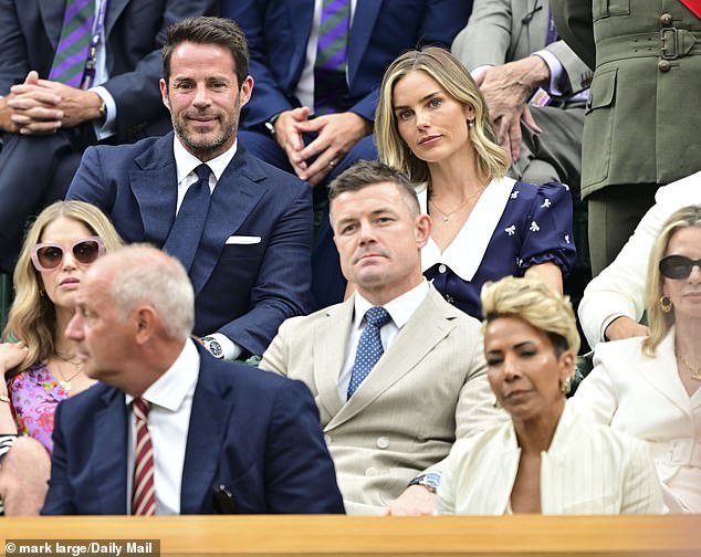 Jamie Redknapp is seen in the royal box with his wife Frida on day six at Wimbledon today