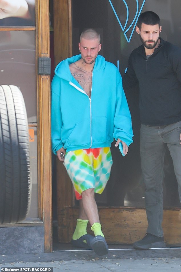 Justin Bieber, 31, was pictured looking tense as he exited a day spa in West Hollywood on Wednesday