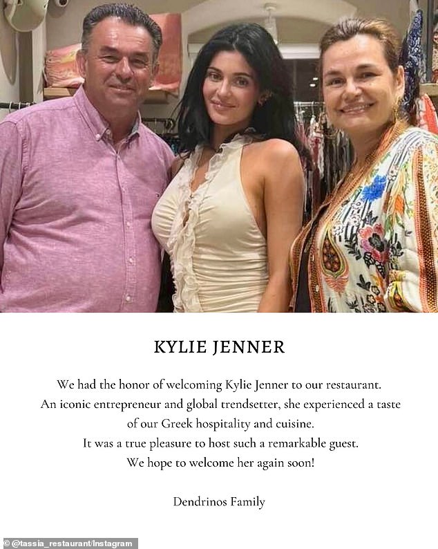 Shortly after Kylie Jenner dined at Tassia Restaurant in the Greek village of Fiscardo on July 12, owners Polychronis Dendrinos (L) and Tassia Dendrinou (R) proudly posted about the 'true honor' of hosting the 'iconic entrepreneur and global trendsetter'