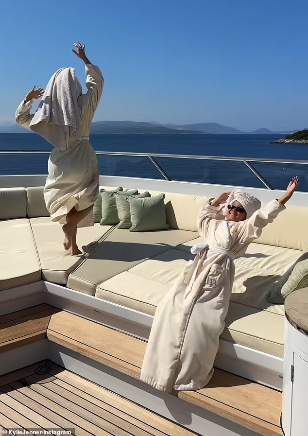 Earlier this week Kylie shared a video of her and Stormi dancing around in circles on a yacht while wearing robes with towels on their heads