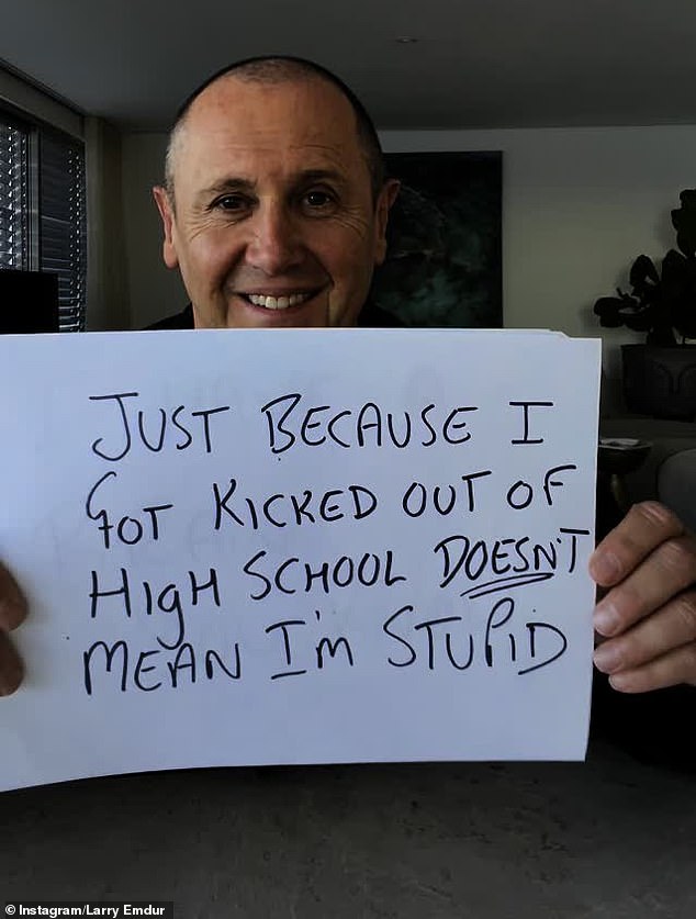 The video showed Larry holding up a piece of paper that read: 'Just because I got kicked out of high school doesn't mean I'm stupid.' He had more to say with subsequent cards, however as he picked up each one, Larry neglected to bring it to the front of the pile