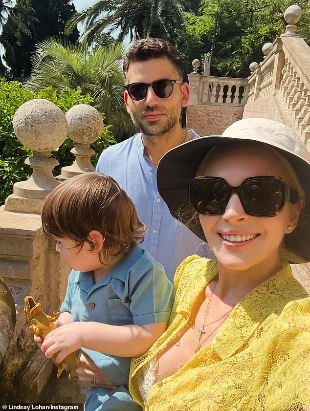 Lindsay Lohan shared a rare snap of her financier husband Bader Shammas and son Luai as she celebrated turning 39 while on vacation in Rome, Italy on Wednesday