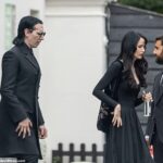 Marilyn Manson (left) and his wife Lindsay Usich (right) led the stars arriving at the private service today